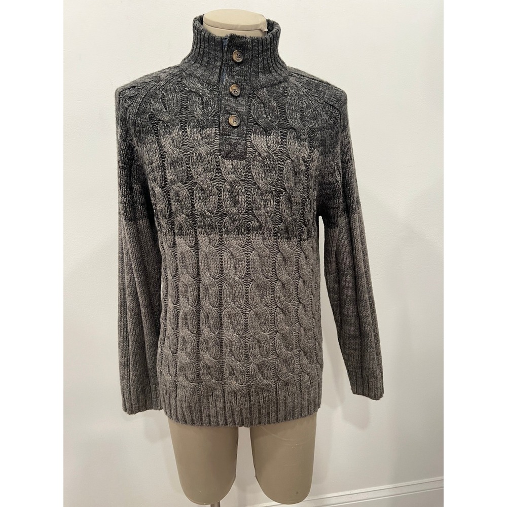 Weatherproof Vintage Mens Sweater Gray Cable Knit Mock Neck Button Size L